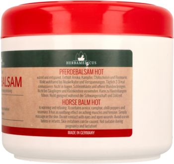 Tył białego słoika rozgrzewającego balsamu końskiego Horse Balm Hot z czerwoną pokrywką i etykietą.