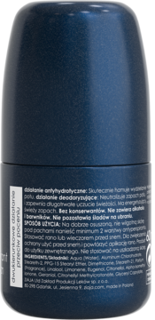 Ciemnoniebieski, matowy dezodorant roll-on dla mężczyzn, tył z etykietą i składem produktu.