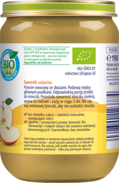 Tył słoiczka Hipp Owoce & Zboża 190g, z żółtą etykietą, widoczne instrukcje, info o cukrze i certyfikat BIO.