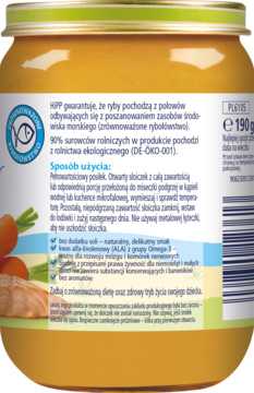 Tył słoiczka HiPP z jedzeniem dla niemowląt, żółte puree. Etykieta z gwarancją jakości, składem i sposobem użycia.