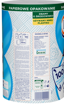 Tył papierowego opakowania papieru toaletowego z zielonym paskiem 'Dbamy o środowisko', tekstem i kodem kreskowym.