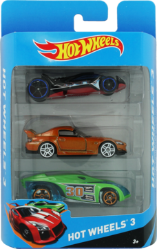 Zestaw 3 Hot Wheels w niebieskim opakowaniu: czarny pojazd, pomarańczowy samochód sportowy i zielona wyścigówka.