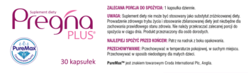 Białe opakowanie suplementu Pregna PLUS, 30 kapsułek, z fioletowym napisem, widok z przodu, logo PureMax, dla kobiet w ciąży.