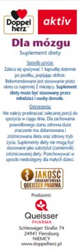 Białe opakowanie Doppelherz aktiv Dla mózgu, suplementu diety, z czerwonymi sercami i fioletowym tytułem.