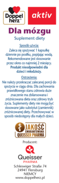 Tylna etykieta suplementu Doppelherz aktiv Dla mózgu. Białe tło, niebieski tekst z instrukcjami, logo Queisser Pharma.