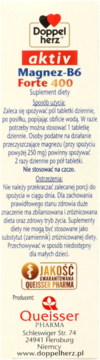 Front biało-czerwonego opakowania suplementu Doppelherz aktiv Magnez-B6 Forte 400 z logo, widok z przodu.