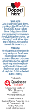 Biała etykieta suplementu Doppelherz aktiv Magnez-B6. Widoczne czarno-czerwone logo, instrukcje, ostrzeżenia i dane producenta.