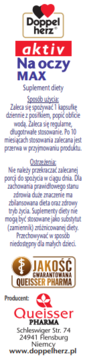 Front view of Doppelherz aktiv Na oczy MAX dietary supplement label, white background, red and blue text, hearts logo.