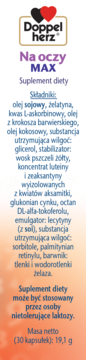 Doppelherz Na oczy MAX, suplement diety, biała etykieta z logo serc i listą składników, widok z przodu.