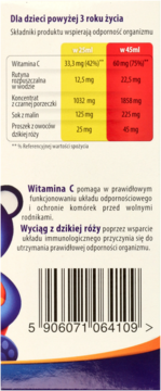 Rutinacea Junior, syrop dla dzieci, tył opakowania z tabelą witamin C i rutyny oraz kodem kreskowym.