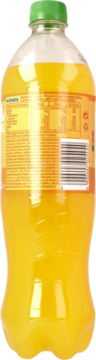 Tył butelki Mirinda Orange, pomarańczowy napój gazowany, zielona nakrętka, etykieta z kodem kreskowym.