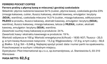 Tylna etykieta Ferrero Pocket Coffee, biała z czarnym tekstem o składzie, wartościach odżywczych i masie netto 62,5g.