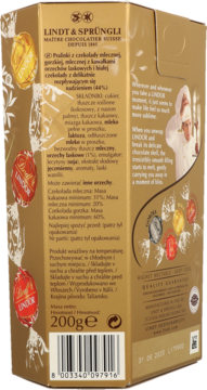 Tył złotego opakowania pralin Lindt Lindor. Widoczne informacje o produkcie po polsku, waga 200g, kod kreskowy.