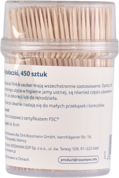 Close-up side view of a clear plastic container filled with 450 wooden toothpicks, with product label visible.