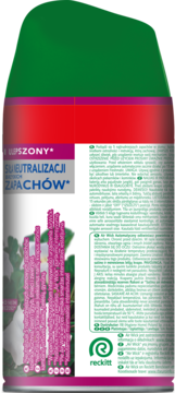 Zielono-czerwony wkład Air Wick Freshmatic do neutralizacji zapachów, widok frontu butelki z różowymi kwiatami.