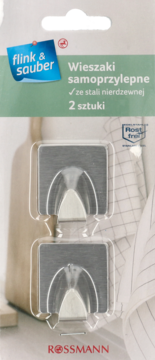 Zestaw dwóch srebrnych wieszaków samoprzylepnych Flink & Sauber ze stali nierdzewnej, widok z przodu opakowania.