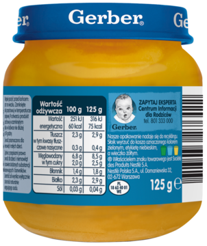 Tył słoiczka Gerber z żółtym przecierem, widoczna biała etykieta z tabelą wartości odżywczych, waga 125g.