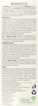 Tył opakowania tabletek Prokudent med, instrukcje w kilku językach, logo recyklingu, tło beżowe.