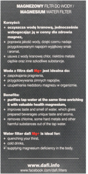 Ulotka informacyjna filtra wody Dafi, wzbogacającego w magnez. Biały tekst na ciemnym tle, lista korzyści.