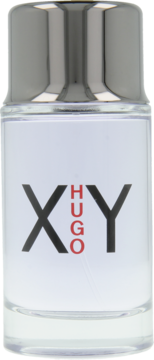 Hugo Boss XY woda toaletowa, męski zapach, biały flakon z dużym czarnym XY i czerwonym HUGO, srebrna nakrętka.