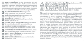 Etykieta białego wkładu do zniczy nr 3 (55h palenia) z informacjami w wielu językach i piktogramami ostrzegawczymi.