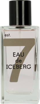 Iceberg Eau de Iceberg Jasmine: jasnoróżowa EDT w przezroczystej butelce, beżowa etykieta z napisem i cyfrą 7.