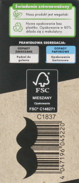 Tył opakowania pędzla do golenia Isana Men. Kartonowe, wegańskie z recyklingu, z info o segregacji i FSC.