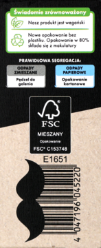 Tylna strona opakowania pędzla do golenia Isana Men. Info o wegańskim składzie, 80% makulatury, FSC i recyklingu.