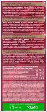 Tył opakowania Garnier Color Sensation, trwały krem koloryzujący, lista składników, logo Vegan Formula.