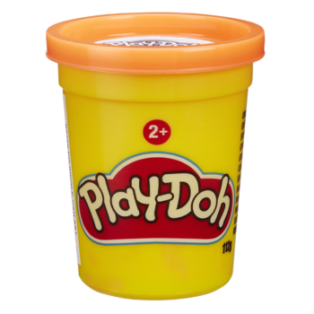 Żółta tuba masy plastycznej Play-Doh z pomarańczową zakrętką i czerwonym logo. Widok z przodu, dla dzieci 2+.
