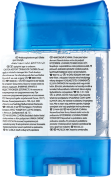 Tył męskiego antyperspirantu Gillette w niebiesko-przezroczystym żelowym opakowaniu, z widoczną etykietą informacyjną.