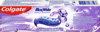 Tył fioletowego opakowania Colgate MaxWhite Sparkle Diamonds, z grafiką pasty i mikrokryształków.