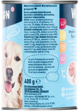 Tył puszki karmy dla dorosłych psów z 4 mięsami: wołowina, kurczak, indyk, wieprzowina. Golden Retriever, skład. 400g.
