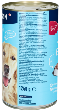 Tył puszki karmy dla psa: soczyste kąski z wołowiną, golden retriever, widoczna lista składników, 1240g.