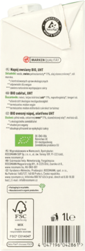 Tylna strona kremowego kartonu enerBIO Napoju owsianego UHT 1L. Widoczne składniki, certyfikaty BIO i FSC.