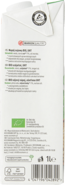 Tył opakowania napoju sojowego BIO UHT 1l, biały karton z zielonym logo BIO, kodem kreskowym i info o braku cukru.
