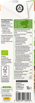 Tył opakowania napoju sojowego BIO UHT Rossmann enerBio, widoczna tabela odżywcza i certyfikaty.