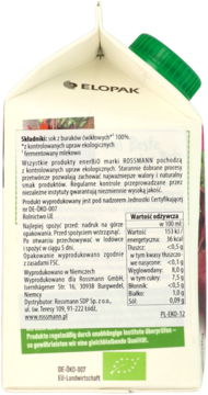 Tył białego opakowania bio soku enerBiO z buraków fermentowanego mlekowo, z danymi odżywczymi.