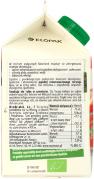 Tylna strona kartonu bio soku pomidorowego Rossmann, widoczne informacje o wartościach odżywczych i logo ELOPAK.