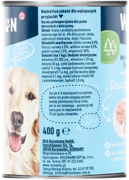 Tył niebieskiej puszki karmy Winston Gourmet Food dla dorosłych psów, 400g, z dziczyzną i listą składników.