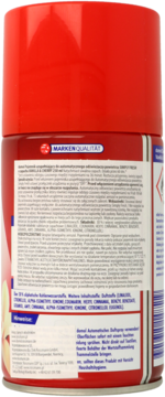 Tył czerwonej puszki Domol odświeżacza powietrza 250 ml, wanilia i wiśnia, z białym tekstem.