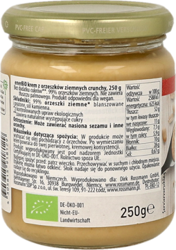 Tył szklanego słoika enerBio kremu z orzeszków ziemnych crunchy 250g, z etykietą i złotą zakrętką.