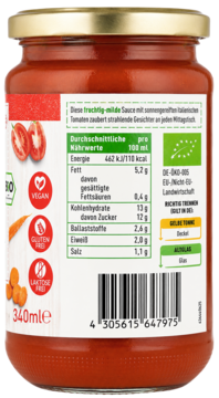 Tył słoika sosu pomidorowego enerBiO 340ml z etykietą składników odżywczych, certyfikatami BIO i VEGAN.