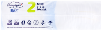 Pieluszki Babydream Fun&Fit, rozmiar 2 MINI (3-6 kg), opakowanie 66 sztuk. Białe tło z logo i tekstem.