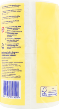 Tył rolki papieru toaletowego Alouette Kamille, rumiankowy, 3-warstwowy. Żółte opakowanie z kodem kreskowym i logo FSC.