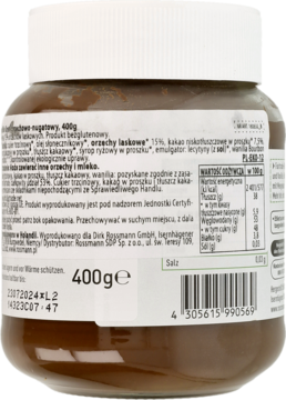 Tył szklanego słoika kremu orzechowo-nugatowego EnerBIO 400g z etykietą, kodem kreskowym i datą ważności.