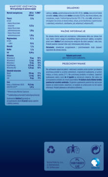 Tył opakowania mleka modyfikowanego Bebilon 3 Pronutra Advance, z tabelą wartości odżywczych i składników.