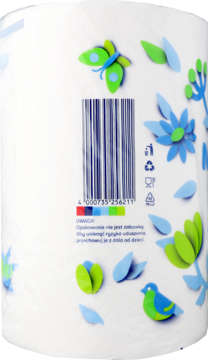 Biały papierowy ręcznik kuchenny, megarolka. Widok opakowania z kodem kreskowym i kolorową grafiką motyli, ptaków i kwiatów.