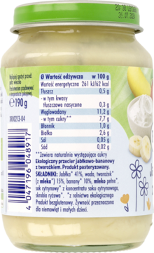 Tył słoiczka organicznego przecieru jabłkowo-bananowego z twarożkiem. Zielona zakrętka, etykieta z tabelą wartości odżywczych.