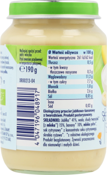Tył słoiczka ekologicznego przecieru jabłkowo-bananowego z twarożkiem, etykieta z wartościami odżywczymi.